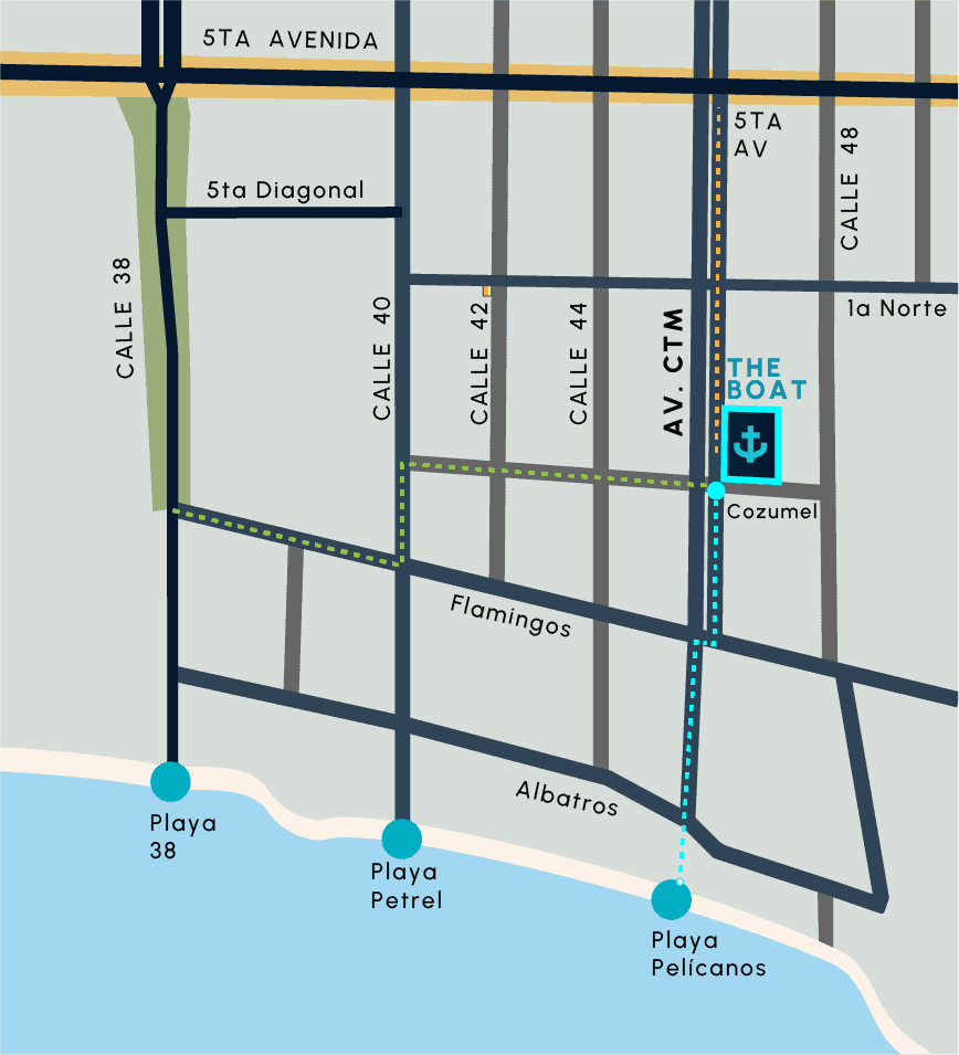 Mapa de ubicación de The Boat Residences en Cozumel, cerca de playas y avenidas principales.